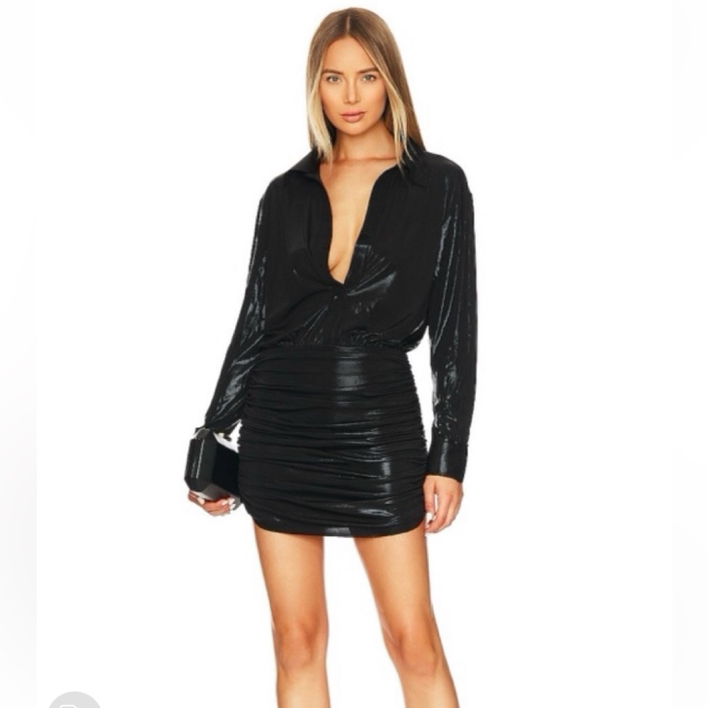 Norma Kamali Black Boyfriend Shirred Shirt Dress